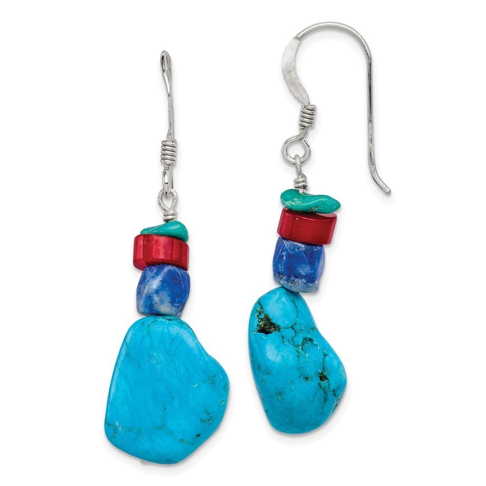 925 Sterling Silver Red Coral, Howlite, Lapis, Turquoise Dangle Drop Earrings